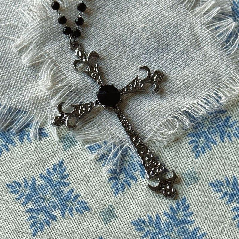 Black Beaded Cross Necklace