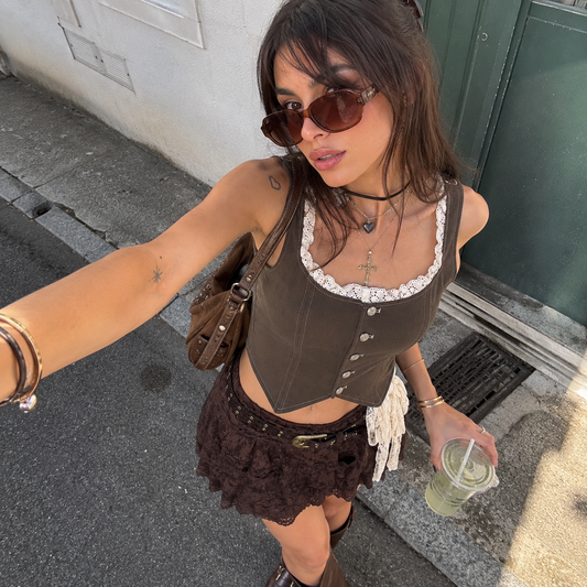 Hazel Top-Women’s Brown and Beige Vintage Lace Top