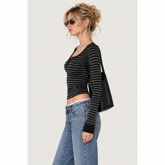 Blair Top - Women’s Black & Grey Striped Button Henley