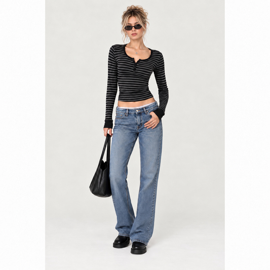 Blair Top - Women’s Black & Grey Striped Button Henley