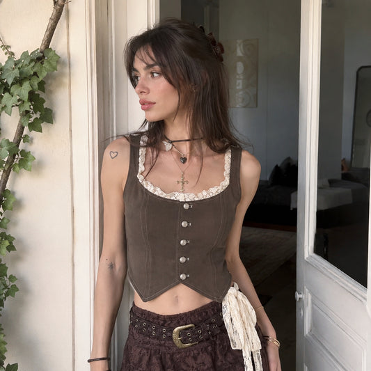Hazel Top-Women’s Brown and Beige Vintage Lace Top