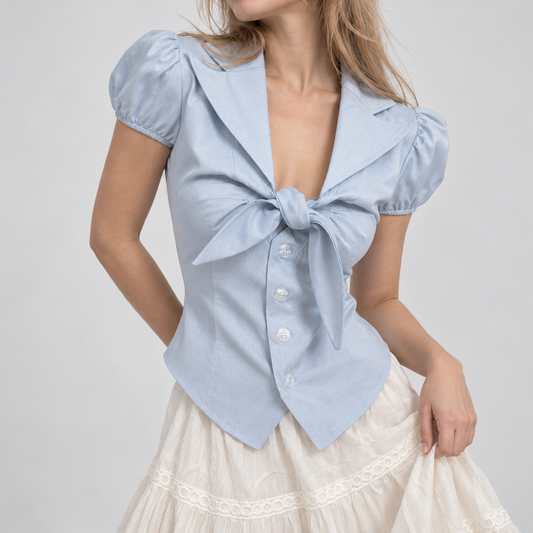 Skylar Sky Blue Puff Sleeve Tie Front Top