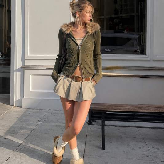 Maxine Cardigan - Women’s Brown Cable Knit Faux Fur Hood Zip Hoodie Cardigan