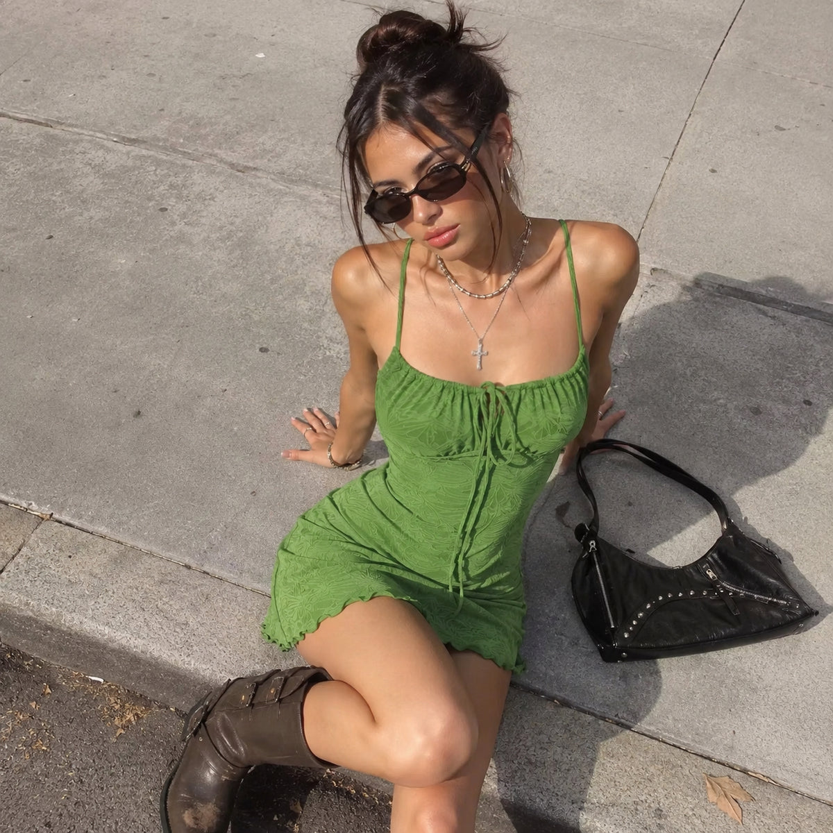 Madeleine Dress - Green Ruched Bodycon with Thin Straps
