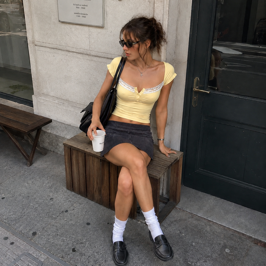 Poppy Top-Women's Butter Yellow Lace Trim Top