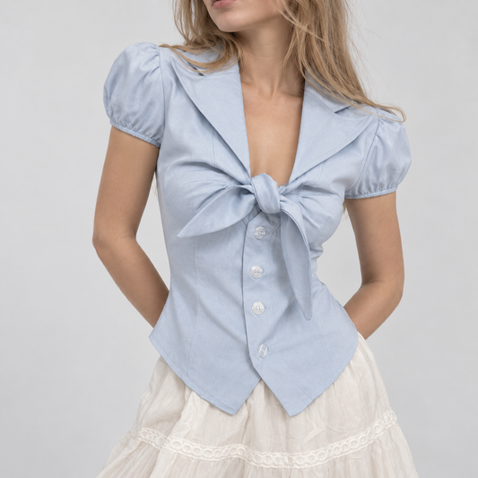 Skylar Sky Blue Puff Sleeve Tie Front Top