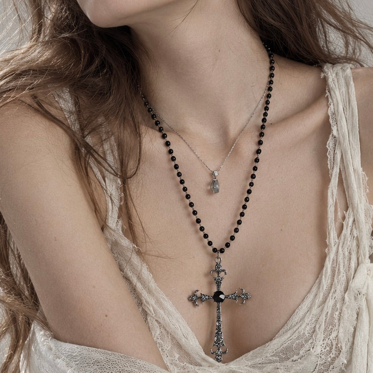 Black Beaded Cross Necklace