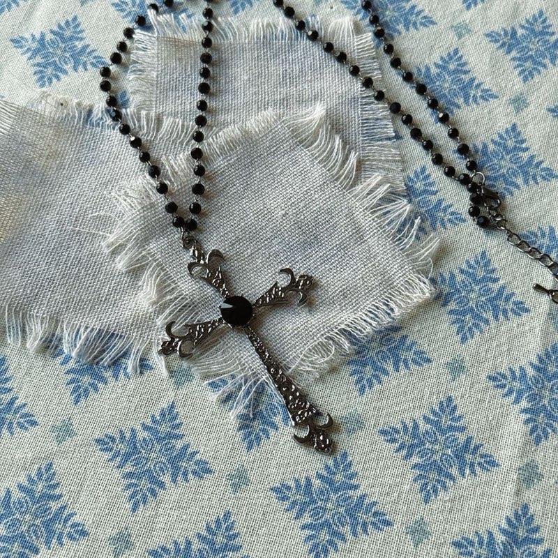 Black Beaded Cross Necklace